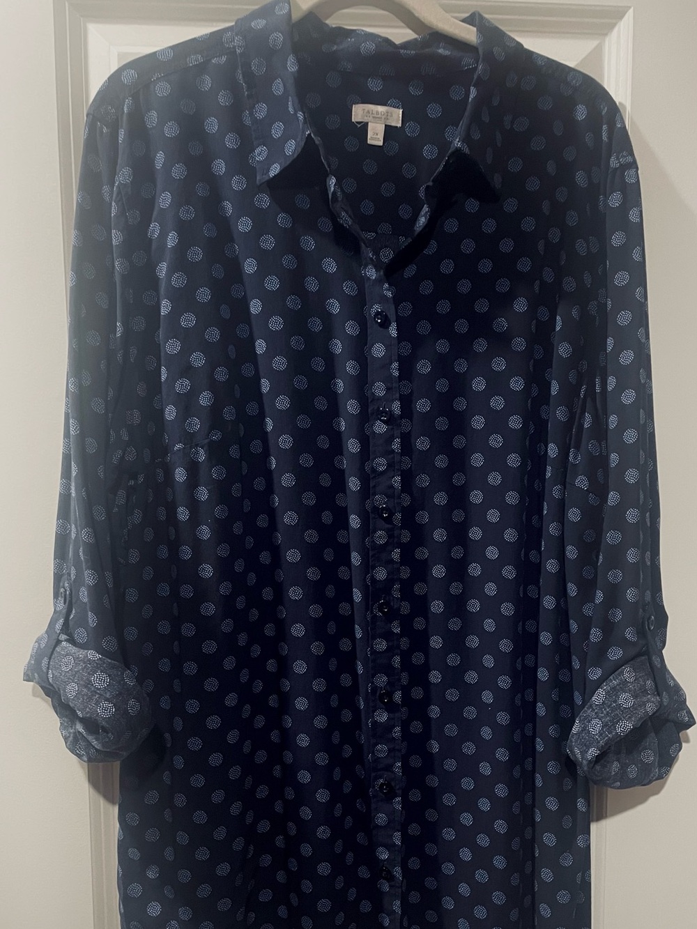 Talbots Navy Blouse with White Polka Dot Print